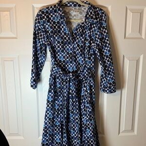 NIC+ZOE Blue and White Geometric Long Sleeve Dress